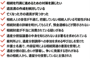 相続を円満に進めるための対策を講じたい 遺言書の作成を検討している 亡くなった方の遺言が見つかった 相続人との音信が不通だ。把握していない相続人がいる可能性がある 相続財産の詳細を明かしてもらえず、預金通帳などが開示されない 相続財産が不当に消費されている疑いがある 遺産分割協議書の中身を知らされないまま署名を求められている 裁判所より、遺産分割調停への参加を求める呼び出しを受けた 弁護士名義で、内容証明による相続関連の書面を受理した 遺産分割の話し合いが膠着し、争いに発展する恐れがある 他の相続人から、遺留分を侵害していると主張された